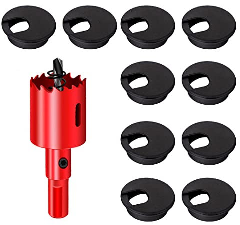 DuDuZui 10 Piezas Pasacables de Escritorio, 35mm Negro Ojal de Escritorio de Ojal de Cable de Escritorio Cubiertas, para Cable de Mesa de Oficina y Hogar, con Sierra Perforadoras (35mm, Negro)