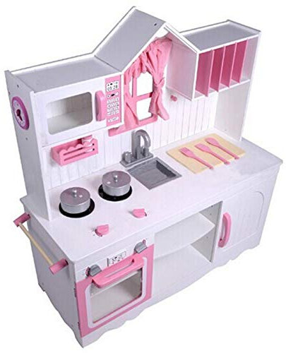 PEKECARS W10C164 Cucina per bambini in legno per ragazze +3 anni con forno a microonde, rubinetto e lavello, forno e fornelli. Cucina giocattolo bianco e rosa stile rustico (100x30x108 cm) con tenda e