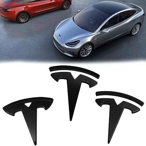 Paquete de 3 emblemas con logotipo de Tesla: etiqueta de marca de coche modelo 3, placa de matrícula delantera, maletero, volante, calcomanía negra mate, accesorios de coche compatibles con Tesla