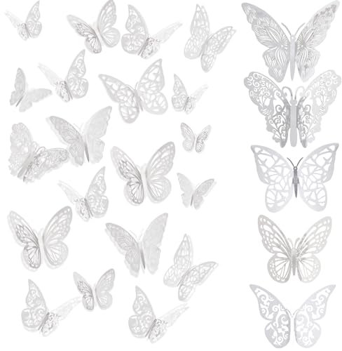 FIHODONE 60 Pezzi Farfalle Decorative Adesivi Murali 3D Argentato,Farfalle Decorazioni Torta Compleanno Cinque Stili,Decorazioni Casa Tre Misure Adesivi Decorativi Topper Torta Compleanno