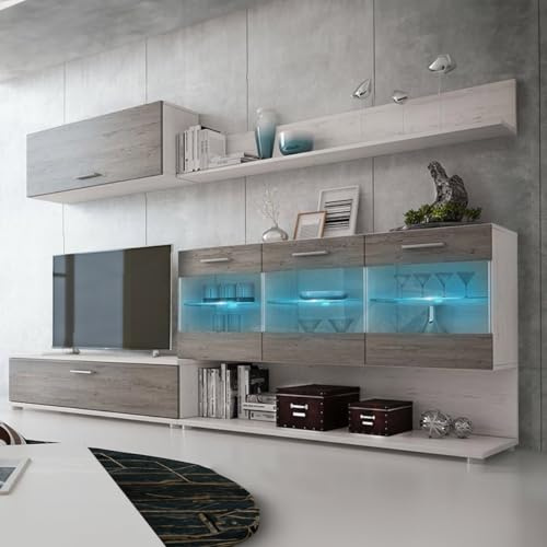 Somnia Descanso - Mueble de Salón Moderno con Leds, Módulos de Comedor, Modelo Nilo, Acabado en Andersen Pino - Gris, Medidas: 250 cm (Ancho) x 115 cm (Alto) 40 cm (Fondo)