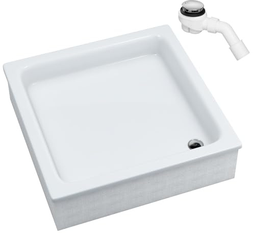 Sellon24® Acryl Sanitäracryl Duschwanne Duschtasse ohne Schürze Quadrat mit EPS Träger Komplett Set mit Siphon Weiß Stabil Styroporträger Befliesbar BAU-Höhe 26cm (80x80x26cm)