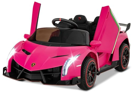 GOPLUS 12V Elektroauto Lamborghini mit 2,4G-Fernbedienung, Kinderfahrzeug mit helle LED-Leuchten, Hupe & hydraulischer Türen, Elektrofahrzeug mit Musik & MP3 für Kinder von 3-8 Jahre (Rosa)