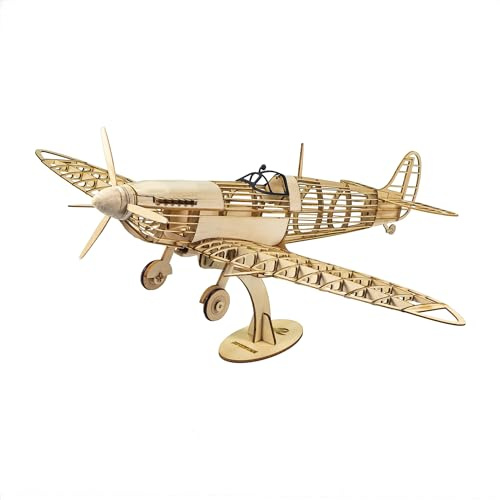 Rompecabezas de madera 3D para automontar, avión de combate Spitfire 1:25, corte por láser, modelo de avión de madera de balsa para construcción para adultos, rompecabezas de avión de madera para