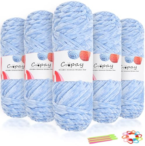 Coopay Velvet, 500 g (5 x 100 g), mjukt stickgarn, 3 mm tjock, superfluffig chenille-garn för virkning, halsduk, filt, strumpor - ljusblå