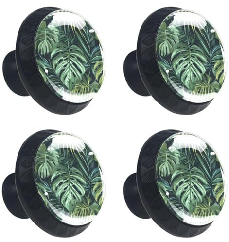Lot de 4 boutons de tiroir de commode ronds en verre cristal avec vis pour cuisine, salle de bain, chambre d'enfant, chambre d'enfant (feuilles de palmier vertes de forêt tropicale)