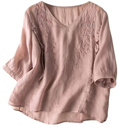 Chemisier Coton et Lin Manches Courtes pour Femme Blouses Ample Col Rond Tunique D'été Bohème Folklore Vintage Broderie Top Hauts Lâche Respirant T-Shirts Grande Taille Pas Cher Tunique Blouse Mode