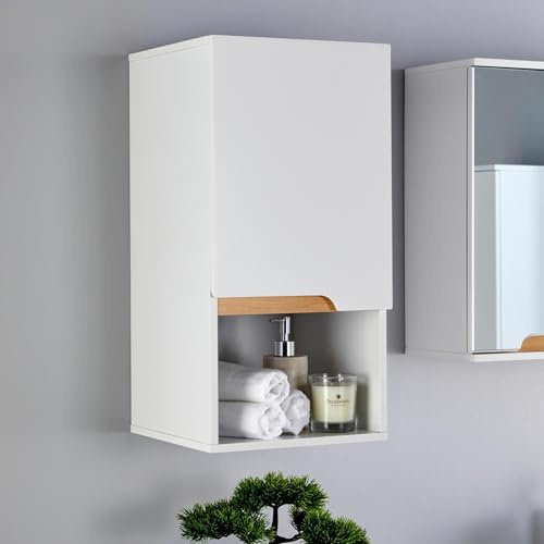 Home Source| Florence Wall Mounted Bathroom Cabinet – White, Soft Close Door, 3-Shelves with 1-Open Shelf, 60cm Tall Cupboard, Vanity Storage Unit 30x30x60cm