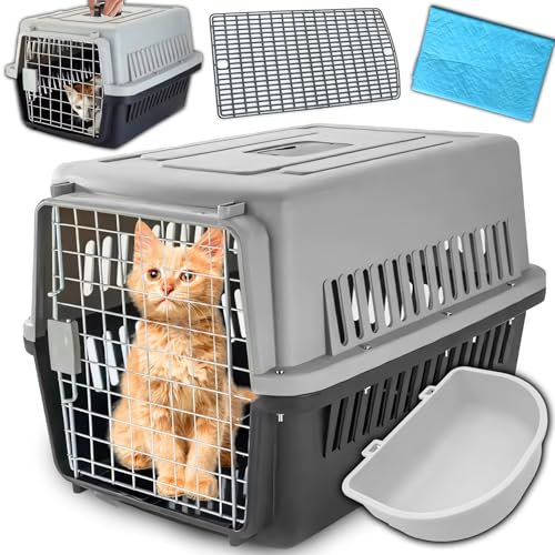 Retoo Transportbox für Katze, Hund und andere Haustiere, 48x31x30 cm, mit praktische Tränke und Matte enthalten, ergonomischem Griff, sicherem Verschluss, aus ABS-Material, robust und langlebig