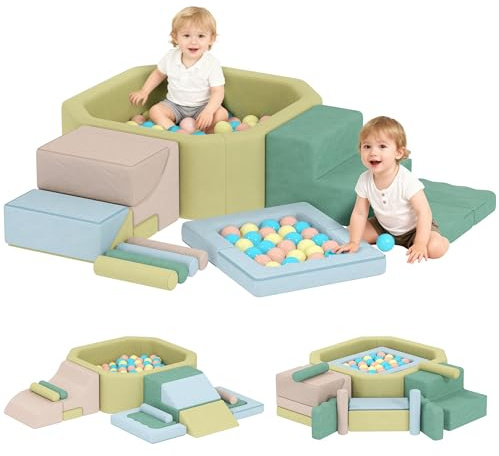 AIYAPLAY Set di 15 Costruzioni Morbide per Bambini 3-6 Anni con 200 Palline, Set da Gioco Blocchi Morbidi in Schiuma e Velluto, Giocattoli per Arrampicata per Soggiorno, Cameretta e Asilo, Multicolore