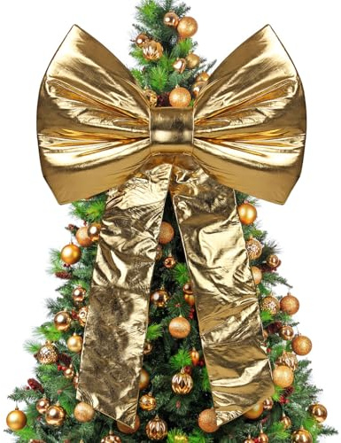 Taylor & Brown Extra Large Gold Christmas Bow 80x120cm – Shiny Metallic Fabric Decorative Bow for Xmas Tree Topper, Front Door & Wreath – Luxury Festive Bow Decoration