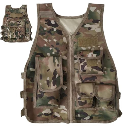 Odoukey Army Costume for Boys, Small 600D Camouflage Breathable Kids Vest with Packages and Adjustable Panels for Games or Training
