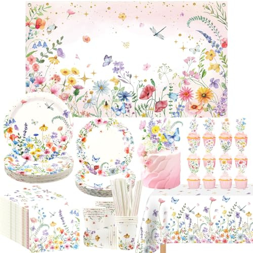 Décorations de fête avec fleurs sauvages printanières pour 20 invités - Assiettes, tasses, serviettes, nappe, toile de fond, décoration de gâteau pour fête prénatale, anniversaire