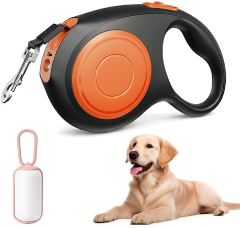 8 m hundkoppel infällbart – 150 kg dragkraft infällbart hundkoppel med LED-ljus – hundkoppel 8 m för stora hundar inkl. hållare för bajspåsar – robust rullkoppel för hundar medelstora och stora