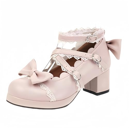 Jemnpela Kawaii-skor för kvinnor, mellanblock, häl, Mary Jane Rockabilly, pumpar med spetskant båge, pärlform, tjock klack, söta bröllopsskor