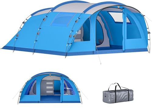 Outsunny Tienda de Campaña Familiar para 5 Personas Tienda Camping Plegable Tipo Túnel con 3 Habitaciones Puerta 4 Ventanas Impermeable 3000 mm Porche Bolsa Fácil Montaje para Pescar Senderismo Azul