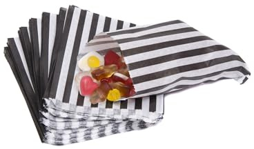 Bag It Plastics Candy Stripe Paper Sweet Bags | Black | 5 x 7 / 125x175mm | Pack of 100 | Multipurpose Use for Sweets, Popcorn, Wedding Favours, Pick and Mix & Cookies!