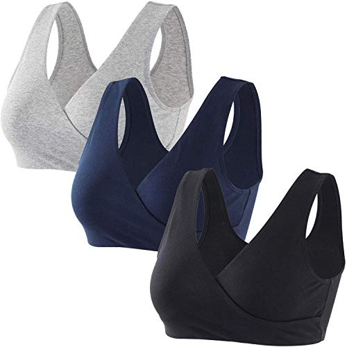 ZUMIY Amningsk-BH för moderskap, sömlös moderskaps-BH för graviditet och amning, bekväm trådlös BH nattsömn topp, Svart+grå+marinblå/3-pack, XXL