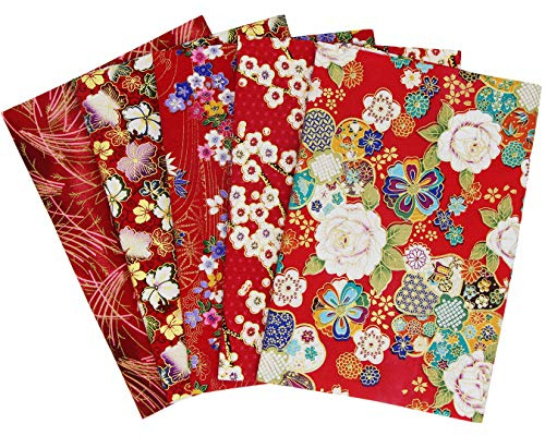 aufodara 5er Baumwollstoff Meterware 50x50 cm Japanische Stil gedruckt Blumen Gold Muster Bronzing Stoffpaket Patchwork Baumwolle Stoffe zum Nähen Quilten DIY Artcraft Handarbeit (Rot)