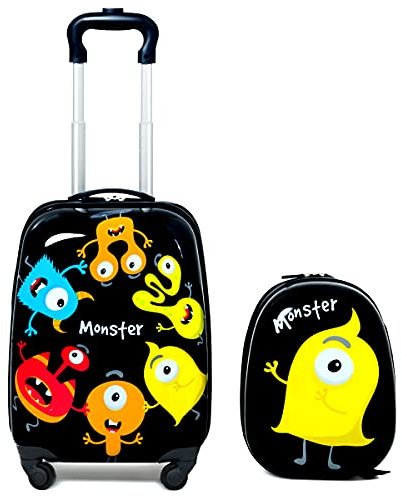 RELAX4LIFE Kinderkoffer mit Rollen, 2 TLG Kinder Kofferset, Koffer(16 inch) + Rucksack(12 inch), Reisekoffer für Kinder, Kindergepäck, Reisegepäck, Kindertrolley, ABS Hartschalenkoffer (Modell 7)