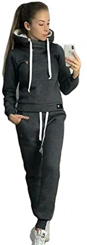 Yutdeng Tuta da Ginnastica Donna Felpe con Cappuccio e Pantaloni 2 Pezzi Invernale Caldo Pullover Tops Lunghi Pigiama Set Jogging Tuta per Tempo Libero Termico Completi Sportivi Grigio Scuro M