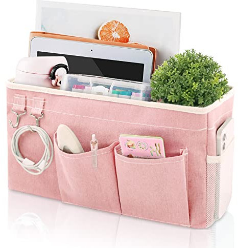 WENYA Large Bedside Pocket Organiser, Bunk Bed Hanging Storage Caddy with Hooks and Pockets for Bunk Beds Rails Book Phone Glasses Storage (Pink)