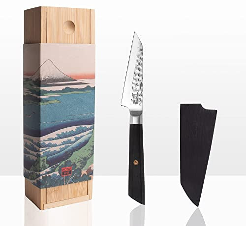 KOTAI | Couteau d'Office Type Bunka avec Bamboo Saya et Bamboo Box | Lame de 9 cm | Martelé et Aiguisé à la Main | Acier Inoxydable Japonais 440C Ultra-Tranchant