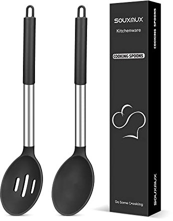 2 Stück Silikon Kochlöffel, Fester und Geschlitzter Löffel Set, Antihaft-BPA-freie Hitzebeständige Basting-Küchenutensilien für Suppe, Servieren, Abtropfen, Rühren