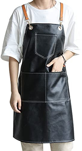 Small snail Retro Leder Schürze Unisex Verstellbare Töpferschürze mit 5 Taschen Wasserdicht Kreuz Zurück Malschürze für Männer Frauen Friseur Handwerk Backen Café Garten