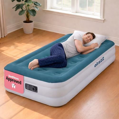 airzzZ Slumber Plus Air Bed - Single High Raise Flocked Non Slip Mattress - Inbuilt Electric Pump - Quick Self Inflation & Deflation - Camping,Hiking, Caravan, Guest Bed - Comes With Carry Bag