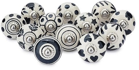 Ajuny Lot de 12 Boutons en Céramique Noirs et Blancs Peints à la main Motif Floral pour Armoires de Cuisine Armoires de Salle de Bain Tiroirs Coffre Poignées en Poterie Boutons Décoratifs