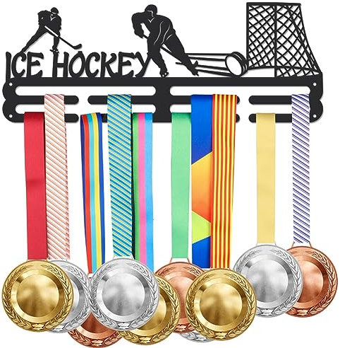SUPERDANT Hockey su Ghiaccio Porta Medaglie Hanger Hockey su Ghiaccio Porta Medaglie con 8 Righe Robusto Porta Medaglie in Acciaio per Oltre 60 Medaglie con Cordino A Nastro Porta Medaglie da Parete