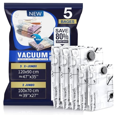 Accenter 5er-Pack Vakuumbeutel für Kleidung Vacuum Bags for Clothing Enorme Größe Vakuumbeutel für Bettdecken Platzersparnis kleider vakuumbeutel Decken Aufbewahrung 3er 120x90cm + 2er 100 x 70 cm