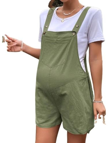 FaroLy Mono Corto de Maternidad para Mujer Mono Sin Mangas con Botones Mono de Peto de Algodón Lindo con Bolsillos (Color : Green, Size : M)