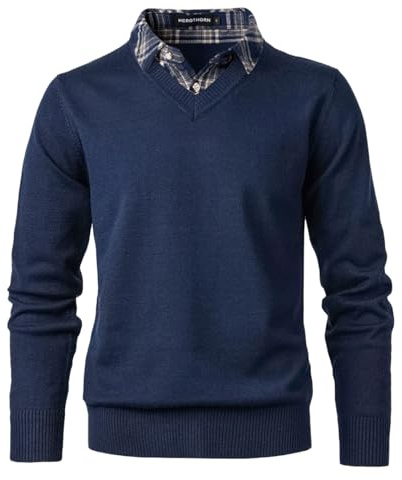Herothorn Men's Knit Sweater Fashion Pullover Soft Touch V-Neck Sweatshirt Top with Plaid or White Mock Shirt Collar