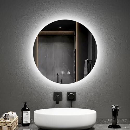 EMKE Specchio Bagno Rotondo con Luce 50 cm, Con funzione antiappannamento, Specchio Bagno LED con Interruttore Tattile Luce Bianca Fredda 6500K