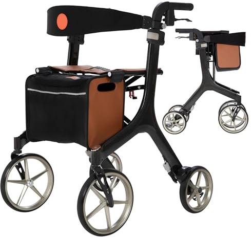 MobiQuip Carbon Fibre Lux Rollator, 5.9kg - Ultra Lightweight Folding Walker with All-Terrain Wheels, Leather Seat, Adjustable Ergonomic Handles & Loop Brakes - Mobility Aid for Indoor & Outdoor Use
