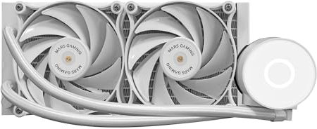 MARSGAMING ML-PRO240, Raffreddamento a Liquido Professionale CPU, TDP 450W, 2 Ventole FDB Ultra-silenziose, Pompa Opti-Chamber con Anello di Illuminazione Bianco, Multisocket Universale, Bianco
