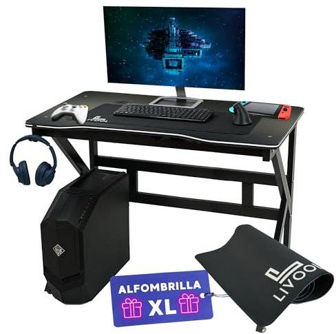 LIVOOL®️ Mesa Gaming + Alfombrilla XL | Escritorio Gaming Acabado en Fibra de Carbono - Escritorio de Oficina