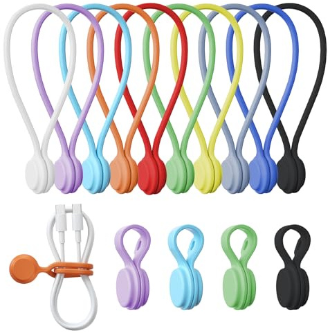 tounee Fascette magnetiche riutilizzabili in silicone-2 misure combinate (4pezzi da 2,95'' + 10pezzi da 7,68'') - Multiuso per legare cavi, organizzare, creare segnalibri e magneti da frigorifero(14)
