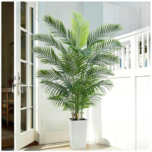 Artificial Palm Tree 6FT - Tall Fake Tree with White Taper Planter & Pebbles, UV Resistant for Indoor & Outdoor, Large Potted Faux Plant, Tropical Areca Floor Plant for Living Room, Office, Home Decor