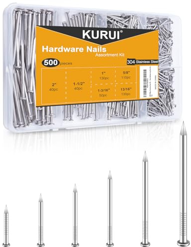 KURUI 500Pcs Stainless Steel Wall Nails Assortment Kit, 6 Sizes Long Nails for Hanging Picture Frames,Shelves, Wood, Drywall, Small Nails, Finishing Nail for Home Decor & Home Improvement