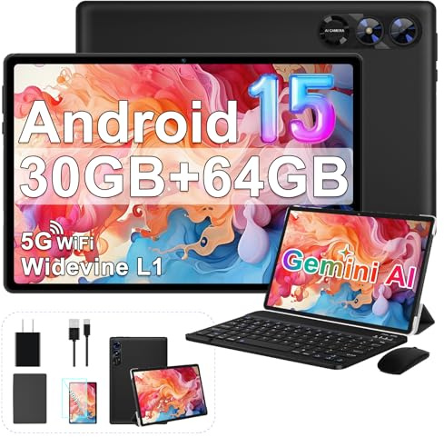 2026 Android 15 Tablet, 10 Inch Tablets with Gemini AI, 30GB+64GB+1TB Expand, 2-in-1 Octa-Core Electronics Tablets with Keyboard, Mouse, 5G WiFi, 6000mAh, GPS, Widevine L1, Split Screen -Black