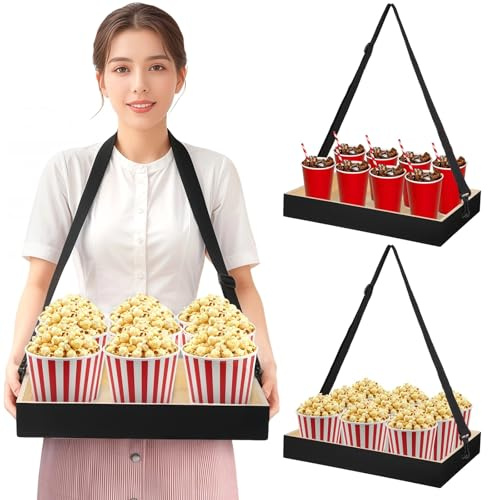 yeesport 2 Pcs Wooden Snack Trays with Straps, Handheld Serving Trays with Adjustable Shoulder Straps, Movie Popcorn Beverage Carriers, Vintage Drinking Holders for Parties and Picnics, Black