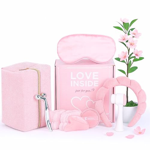 Skincare Coffret Cadeau Femme – Kit Beauté et Soin Visage avec Gua Sha, Roller Massage, Brosse Nettoyante, Masque Réutilisable, Bandeau, Éponges et Trousse – Idée Cadeau Anniversaire (Rose)
