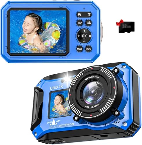 4K 56MP 33FT UHD Underwater Digital Camera for Snorkeling with 32GB Card Dual-Screen Compact Waterproof Dustproof Floatable Autofocus Point and Shoot Digital 1500mAh Battery
