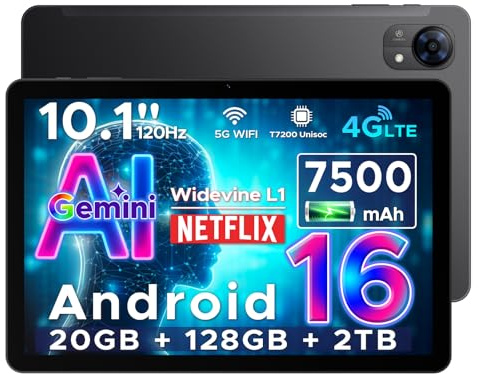 DOOGEE Tab G5 Tablet Android 16 con 4G LTE, Tablet 10 Pulgadas Gemini AI, 20GB+128GB/2TB & T7200 Octa Core Tablets Android, 7500mAh, 120Hz IPS HD & Ultra Delgado, 2 Altavoces| Widevine L1| Face ID|GPS