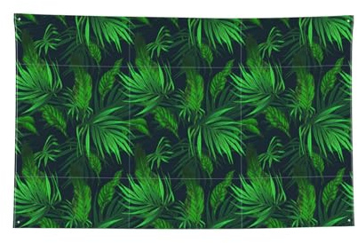 Tapiz decorativo con estampado de plantas tropicales verdes, pancarta de poliéster con ganchos y ojales para gimnasio y garaje