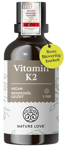 NATURE LOVE® Vitamin K2 MK7-200µg - 1700 Tropfen (50ml) - Höchster all-trans-Gehalt 99,7+% - Hochwertig: K2VITAL® von Kappa - gelöst in MCT Kokos-Öl - Hochdosiert, vegan & in Deutschland produziert