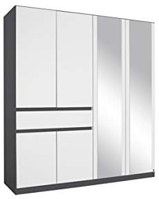Rauch Möbel Tübingen Schrank Kleiderschrank Drehtürenschrank in Weiß-Grau-metallic, Schwarz, Spiegel mit 1 Schublade, 6-türig, Zubehörpaket Basic 3 Einlegeböden, 1 Kleiderstange, BxHxT 181x197x54 cm